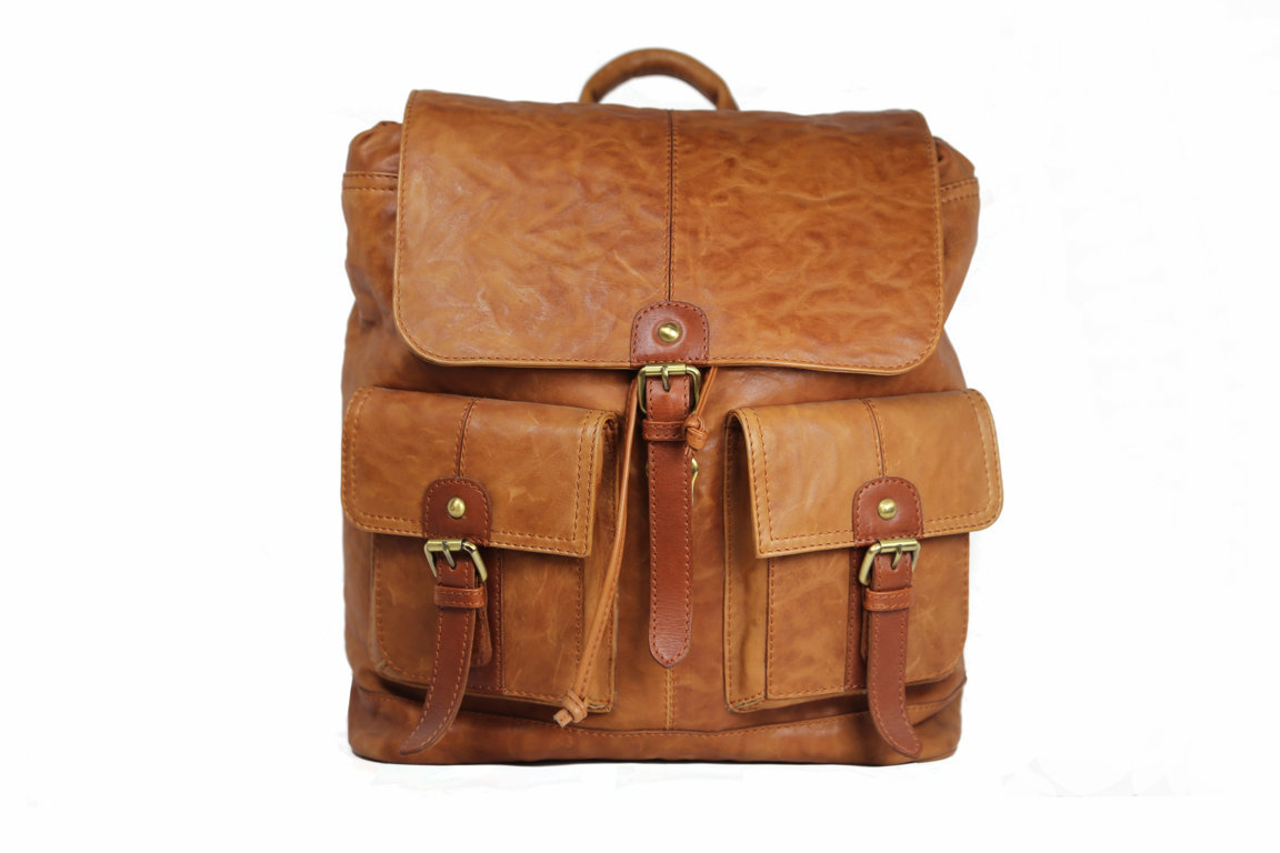 small tan leather backpack