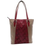 Sassora Genuine Leather Women Beige Red Shoulder Bag 3032