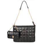 Sassora Genuine Leather Black Quilted Designed Shoulder Bag with Gold Polish Metal fittings and dust protection bag